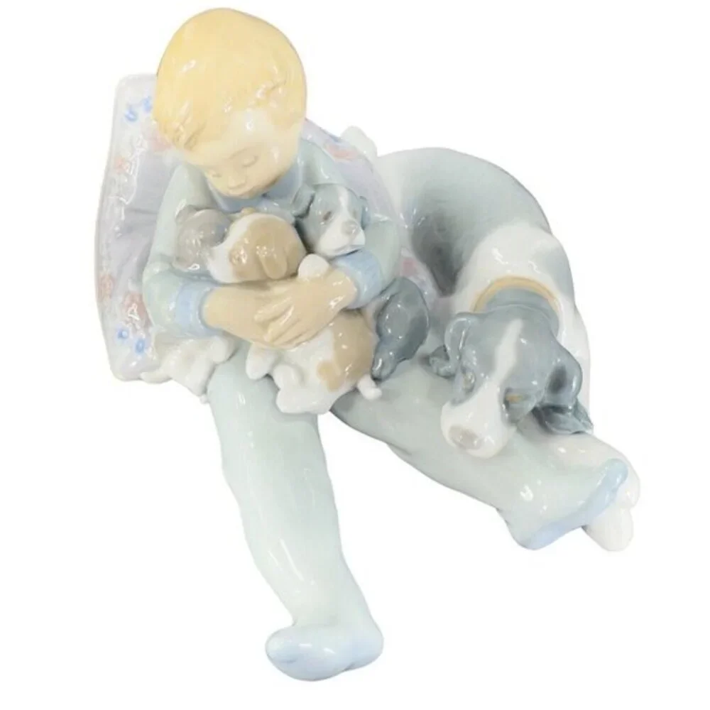 Lladro Sweet Dreams Boy Sleeping with Puppies‎ Glossy Porcelain Figurine Vintage